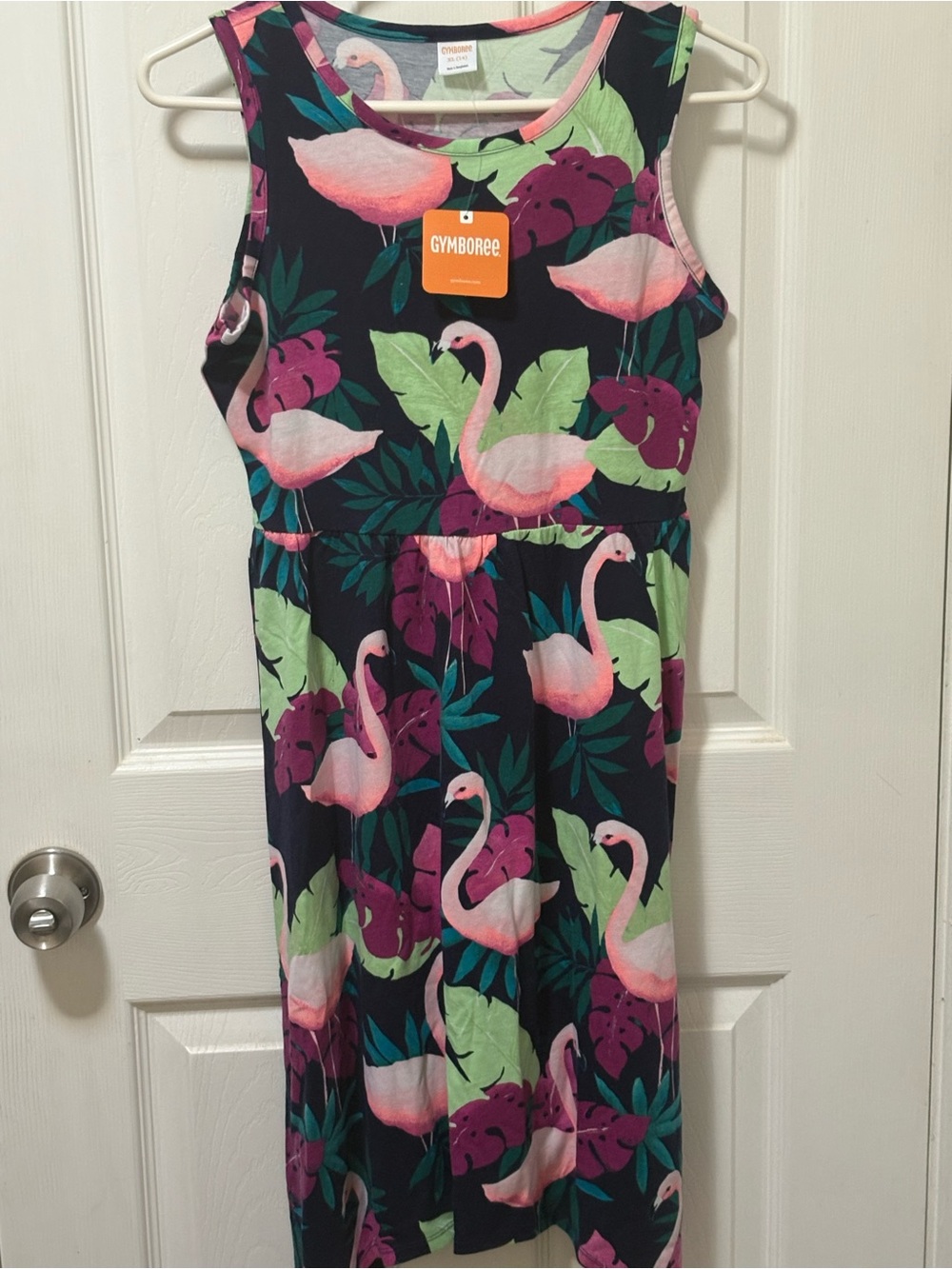Gymboree Navy Dress with Pink Flamingos and Green Leaves
